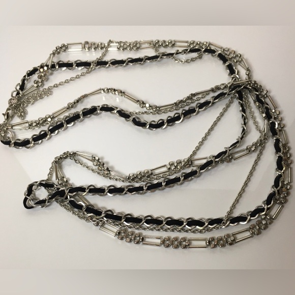 Multi-strand Silver Tone & Black Suede Ribbon Chain Necklace 37” - Picture 2 of 8
